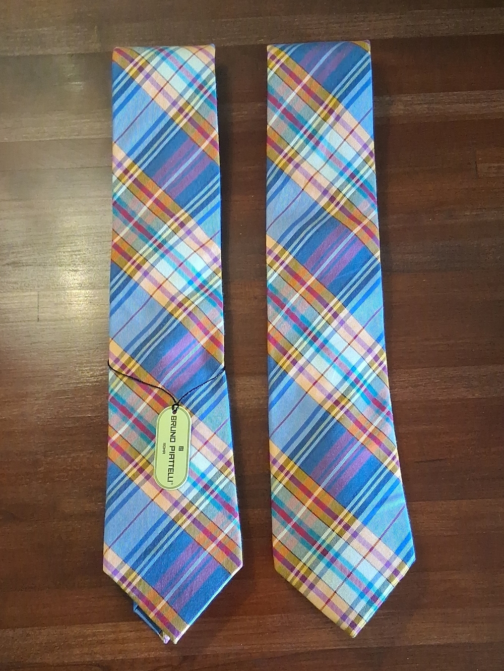 2 Matching Bruno Piattelli Silk Cotton Blend Diagonal Plaid Blue Orange Pink Tie